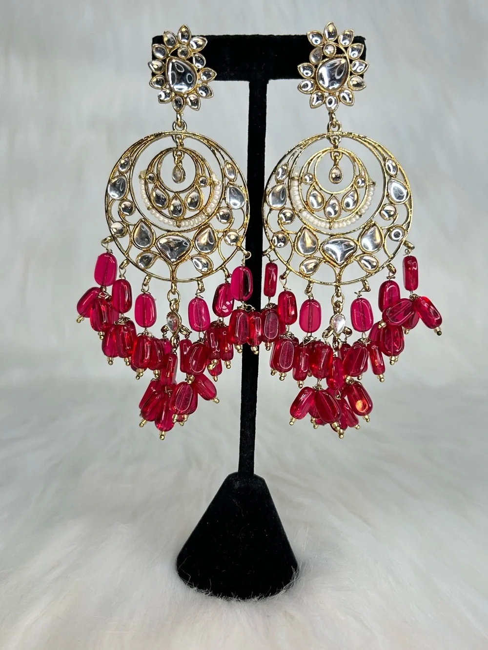 Hot Pink Gold Chandelier Lightweight Long Earrings
